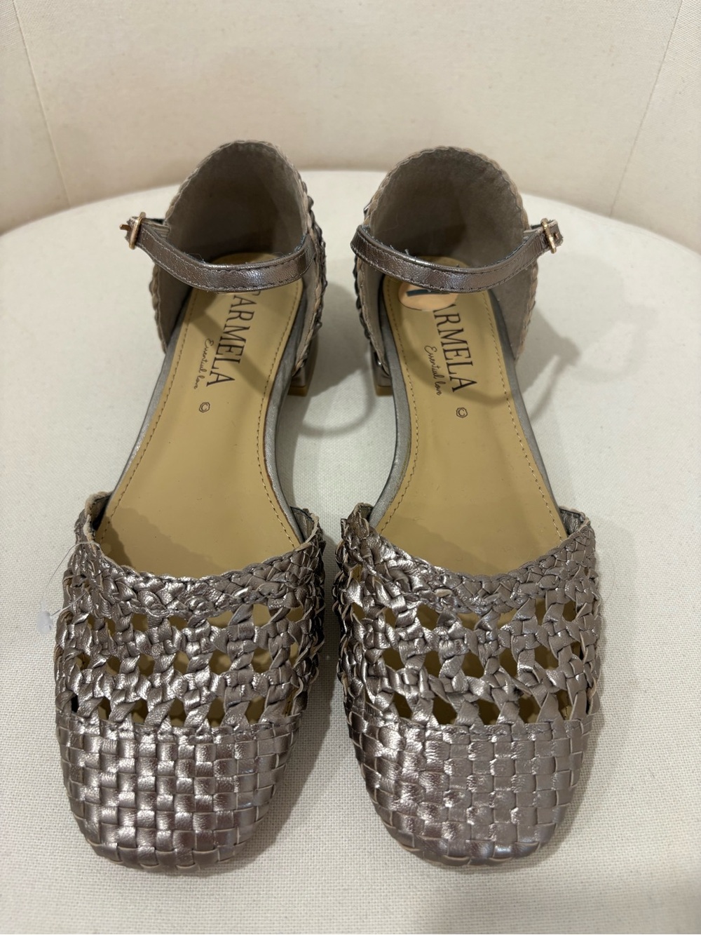 NEW Carmela Metallic Gold Braided Leather Ankle Strap Flats - Size 37